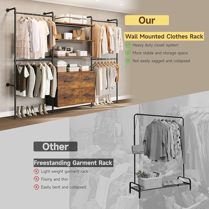 T3 Closet System with Stepless Dimmable LED Light, Industrial Pipe Clothing Rack with 4 Drawers, 6 Wooden Shelves & 4 Telescopic Rods, Heavy Duty Closet Organizers in Wardrobe Closet (Rustic Brown)