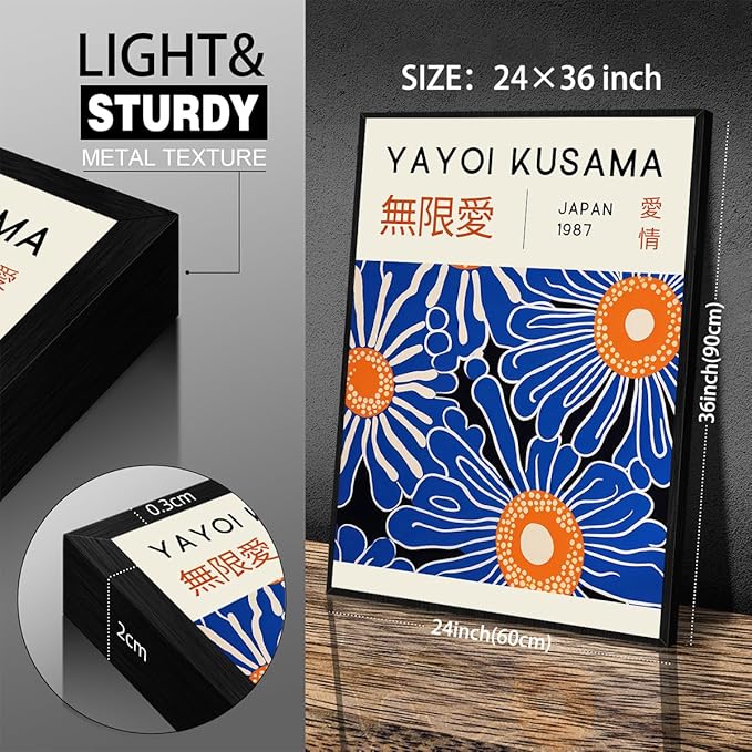 Yayoi Kusama Print Vintage Japanese Wall Art Abstract Yayoi Kusama Poster Minimalist Painting Art Exhibition Suitable for Japanese Bedroom,Living Room Office Decor 24x36in Black Framed