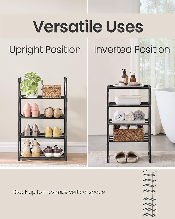 SONGMICS Shoe Rack, 4-Tier Shoe Organizer, Metal Storage Shelf, Upright or Upside Down, for 5-10 Pairs, Stackable, for Entryway, 11.8 x 16.7 x 28.2 Inches, Black ULSA004B01
