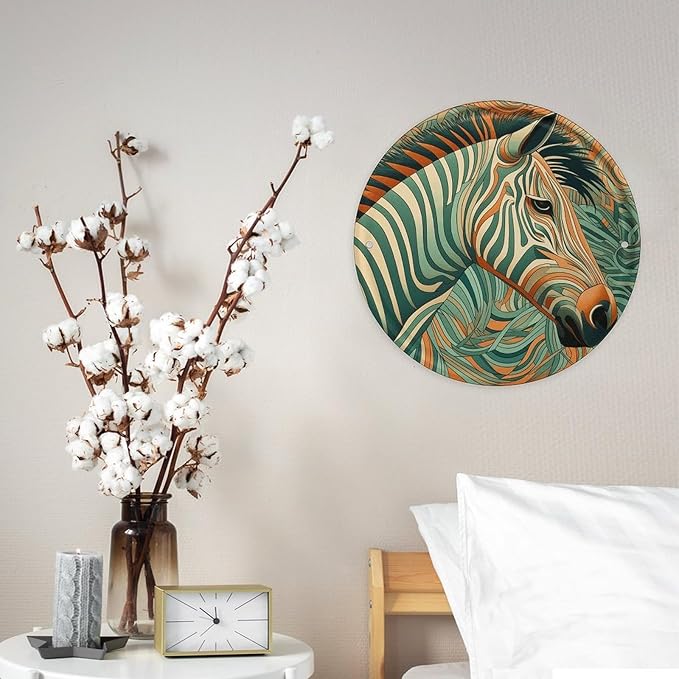 Wall Picture Green Decorative Pattern Printed Circular Iron Hanging Picture Wall Art Decor Home for Bedroom Living Room Bathroom Decor Iron Painting 11.8X11.8 in