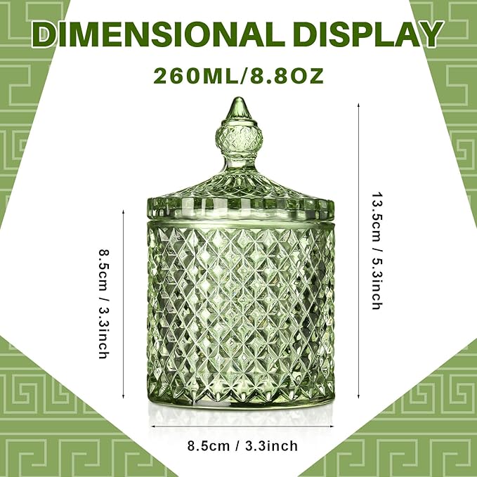 Aoriher 4 Pcs Crystal Glass Candy Jar Set with Lids Home Decorative Storage Jars for Apothecary, Bathroom, Kitchen, and Pantry, Ideal for Cotton Swabs and Jewelry (Medium,Green)