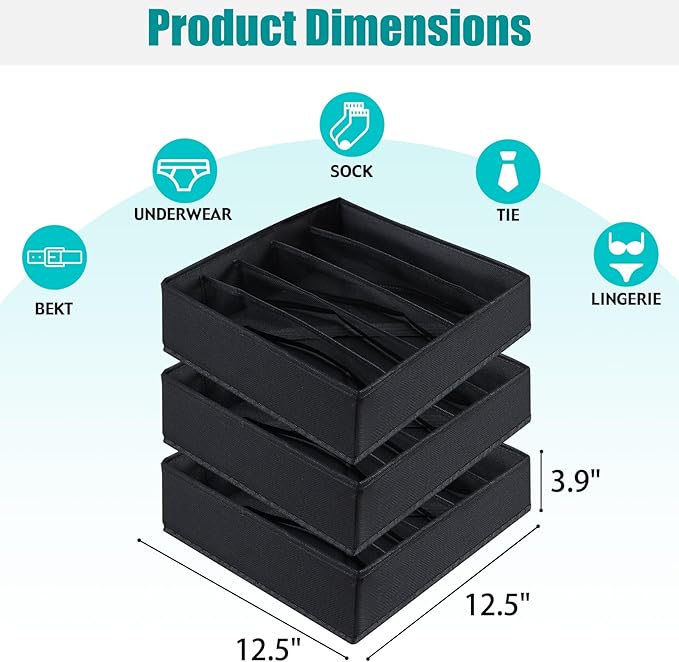 Bra Storage Drawers Organizer for Clothing Underwear Drawer Organizer Dividers Black Foldable Storage Cube Bins for Bra,Socks, Underwear,3 Pack （Black）