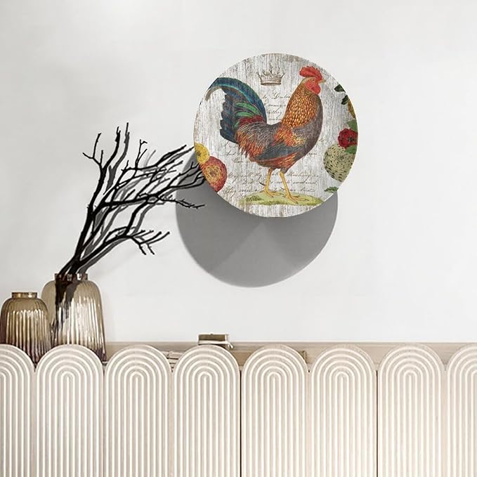 Rooster Decorative Plate Holder, 6 Inch, Crown Chicken In Flowers Round Display Plate, Home Wobble-Plate with Display Stand, for Kitchen Living Room Office Countertop Decor