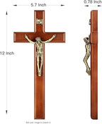 SISSIDA Crucifix Wall Cross, 12 Inch Catholic Crucifix for Wall Decor, Handmade Wooden Cross for Wall with Jesus Christ and INRI - Dark Brown & Antique Brass