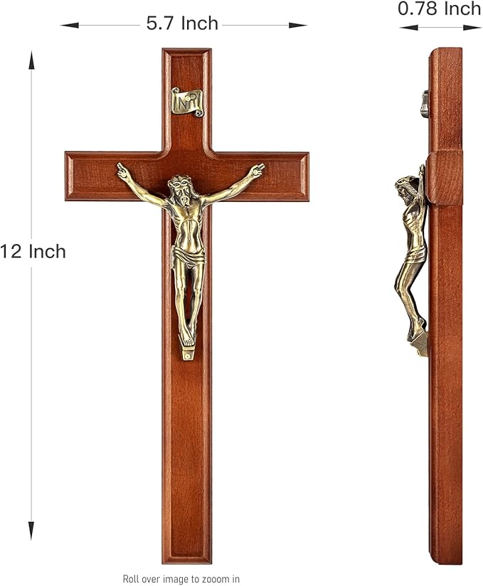 SISSIDA Crucifix Wall Cross, 12 Inch Catholic Crucifix for Wall Decor, Handmade Wooden Cross for Wall with Jesus Christ and INRI - Dark Brown & Antique Brass
