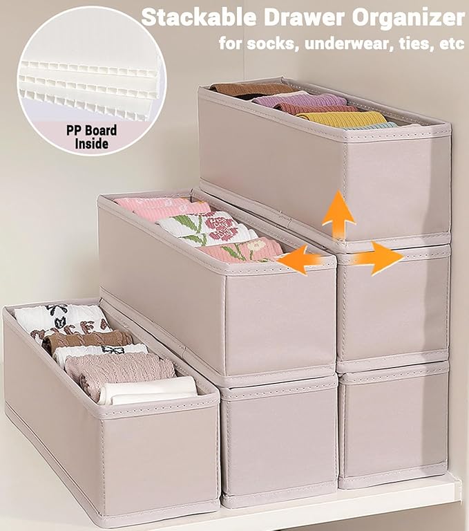 MURRI&MURRDI 6-Pack Foldable Fabric Sock Drawer Organizer, Small Dresser Drawer Organizer for Clothes, Storage Divider Bins for Clothing Underwear Bra Fits Nursery Closet, Gray