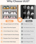ULG Over The Door Shoe Organizer for Closet Fit 24-32 Pairs with Large Deep Pockets, Narrow Shoe Rack for Door Hanging Boots Storage, Black