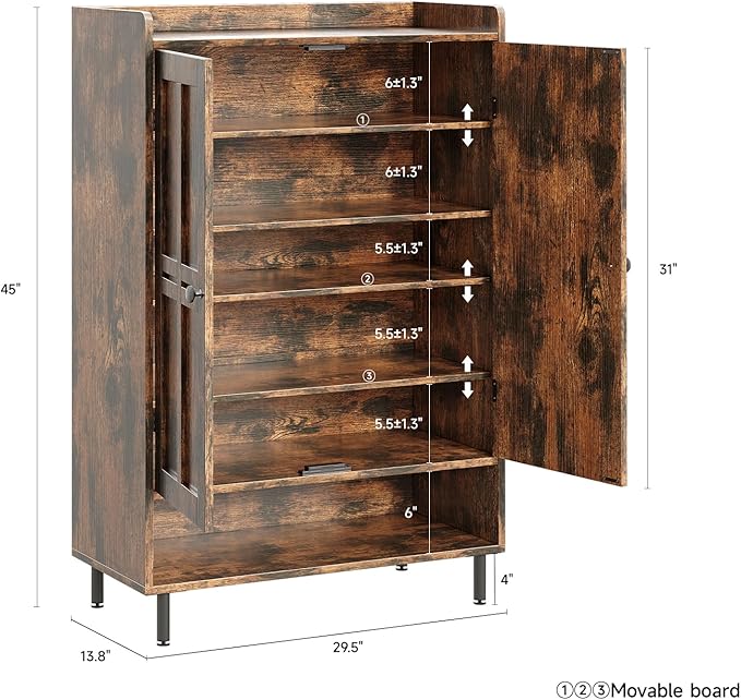 ONBRILL Shoe Storage Cabinet with Cross Molding Doors, 6-Tier Shoe Cabinet with 3 Adjustable Shelves and Metal Legs, 45 Inch Tall Shoes Rack Organizer Cabinet for Entryway, Front Door, Rustic Brown