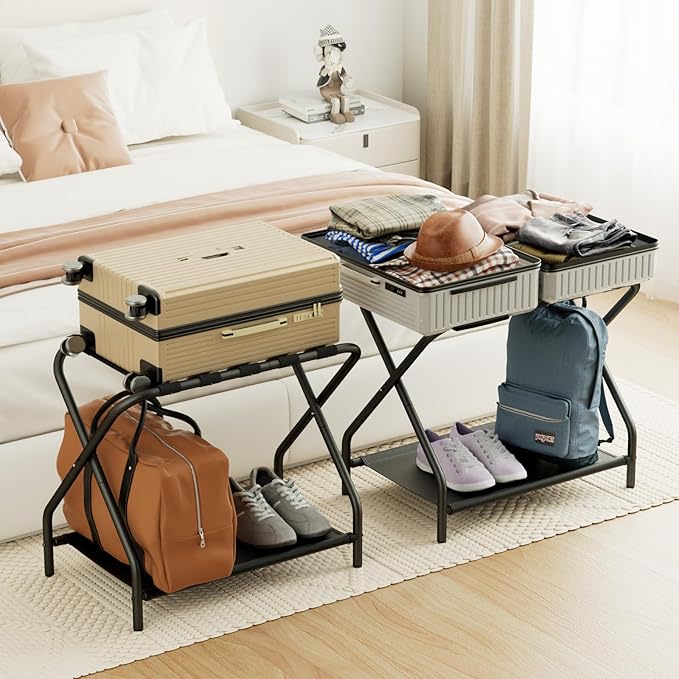 AMHANCIBLE Luggage Rack, Set of 2, Foldable Suitcase Stands for Guest Room, Metal Luggage Holder with Storage Shelf for Bedroom, Hotel, Easy Assemble, Black HLR02BK