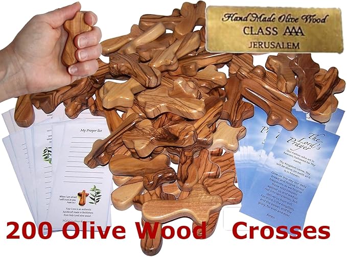 Holy Land Market Small Olive Wood Hand Crosses - 2.5 Inch Pocket Palm Crucifix | Handmade Jerusalem Crosses - Christian Gifts with Certificates & Lord Prayer Card | Meditation & Prayer Crosses (200 count)