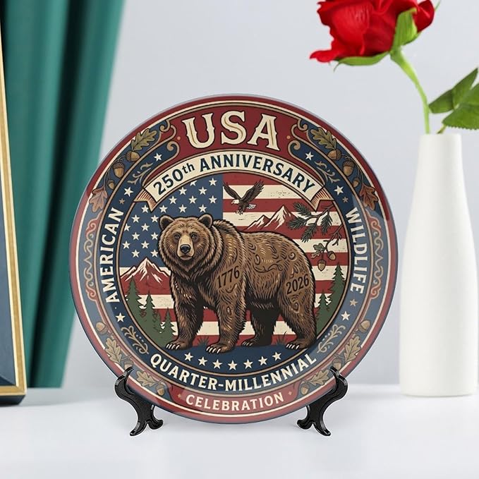 250th Anniversary Decorative Plates 10 Inch Vintage Wildlife Patriotic Decorations Commemorative Plates with Stand Memorial Day 4th of July Veterans Day Home & Office