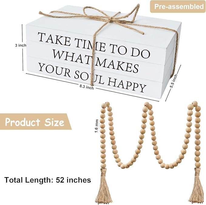 Decorative Books for Home Decor, White Faux Books for Decoration, Rustic Farmhouse Stacked Display Books with 52in Wood Bead Garland for Coffee Tables Living Room (TAKE TIME to DO)