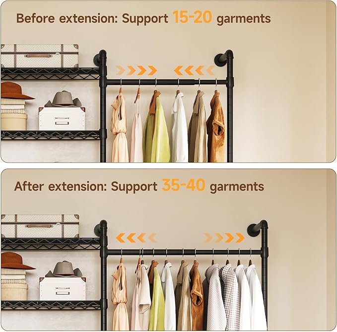 ONBRILL H4 Wall Mounted Closet System, Expandable Industrial Pipe Clothes Rack Clothing Rack for Hanging Clothes, Heavy Duty Closet Organizers and Storage in Wardrobe Closet