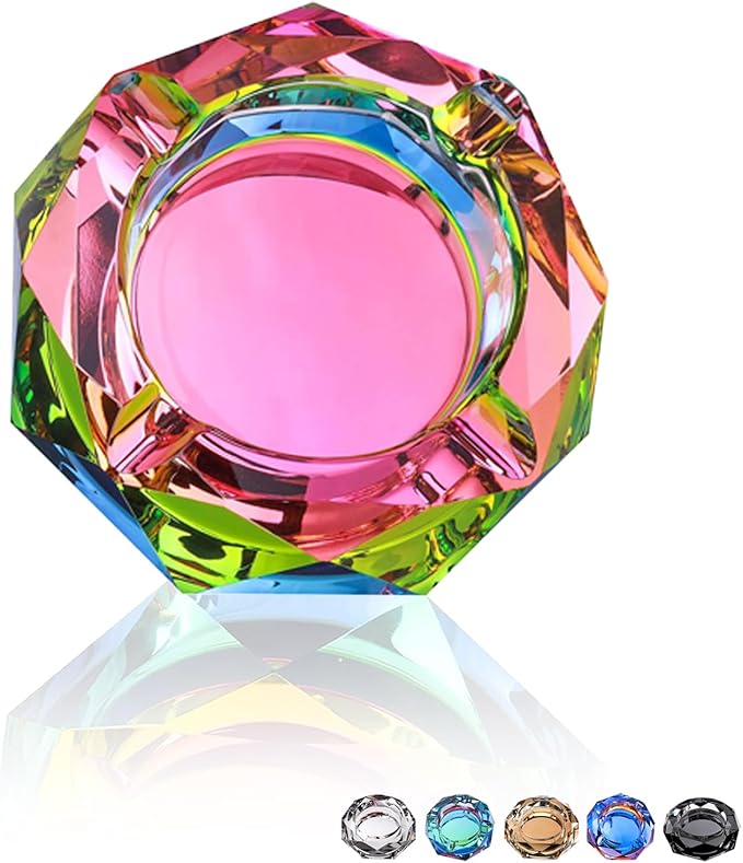 Coomin Crystal Glass Ashtray, Sparkly Cigar Cigarettes Ash Tray, Ashtrays for Smokers Indoor Office Home Desktop Tabletop, Gift Packaging, Pink