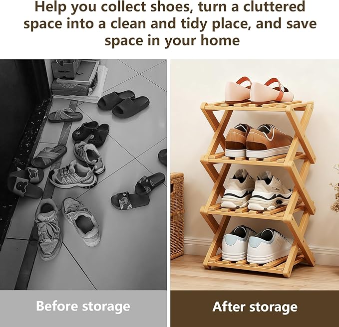 Simcat Bamboo Shoe Rack, Portable Folding Shoe Storage Rack,No Installation Free Standing Shoe Rack for Entryway, Closet, Dorm/Small Spaces (4 Tier)
