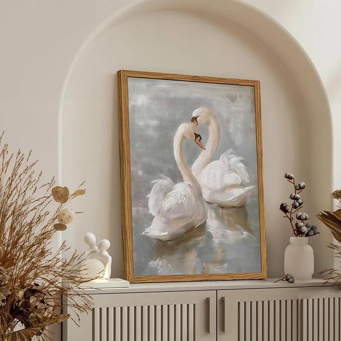 Framed Vintage Swan Canvas Wall Art, Romantic White Swan Paintings Wall Decor, Rustic Animal Pictures Prints Farmhouse Home Decor for Living Room Bedroom 16x24 inch