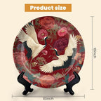 HABEN ARTWORK 10" Ceramic Plates for Display Elegant Cranes Floral Garden Rich Red Decorative Plate with Stand and Hook for Kitchen Dining Room Wall Hanging Decor