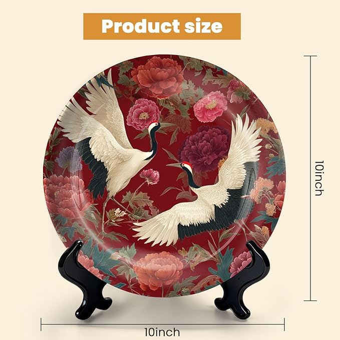 HABEN ARTWORK 10" Ceramic Plates for Display Elegant Cranes Floral Garden Rich Red Decorative Plate with Stand and Hook for Kitchen Dining Room Wall Hanging Decor