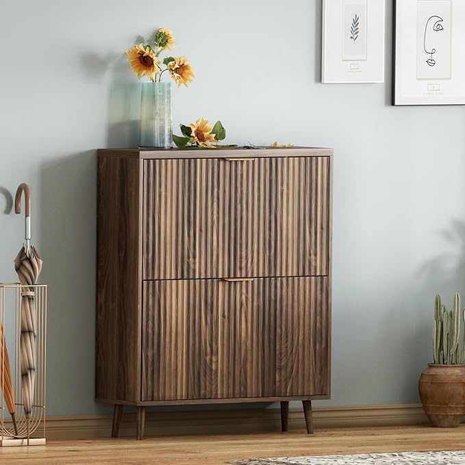 Shoe Cabinet Storage,Modern Freestanding Organizer with 2 Flip Drawers,Narrow Shoe Rack Cabinet for Entryway,Walnut