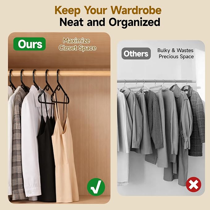 Black Plastic Hangers 36 Pack, Heavy Duty Clothes Hangers for Standard Size Hangers with Center Hook & Non-Slip Pants Bar for Shirts, Pants, Coat, Dresses, Jackets, Scarves and Belts
