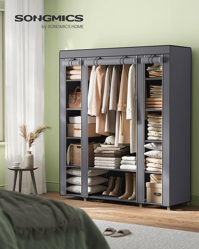 SONGMICS Closet Wardrobe, Portable Closet for Bedroom, Clothes Rail with Non-Woven Fabric Cover, Clothes Storage Organizer, 59 x 17.7 x 69 Inches, 12 Compartments, Gray ULSF03G