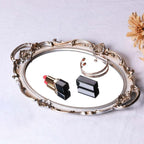 Polyresin Ellipse Antique Decorative Mirror Tray, Makeup Organizer, Jewelry Organizer, Serving Tray, 9.8”x 14.6”, Golden Silver