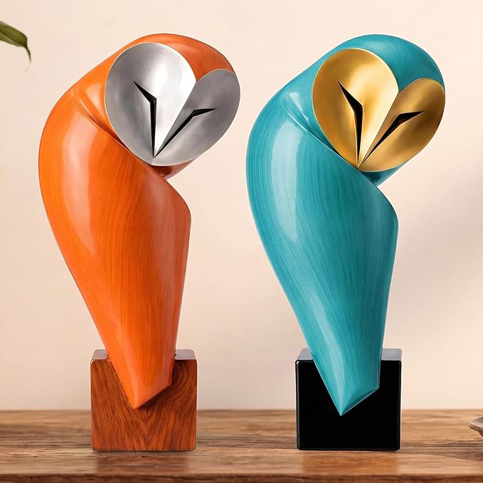 Thyle 2 Pcs Mid Century Modern Owl Statue for Home Decor Accents Resin Owl Sculpture Handmade Vintage Modern Birds Statue for Bookshelves Desk Living Room Display Collectible Gift (Retro,11.8 Inch)