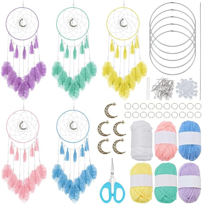 INFUNLY 5 Pack Dream Catcher Wall Hanging Moon Pendant Dream Catcher Kit DIY Large Dreamcatcher with Instructions Dreamy Yarn Wall Hanging Making Kit for Bedroom Window Ornaments Wedding Party Decor
