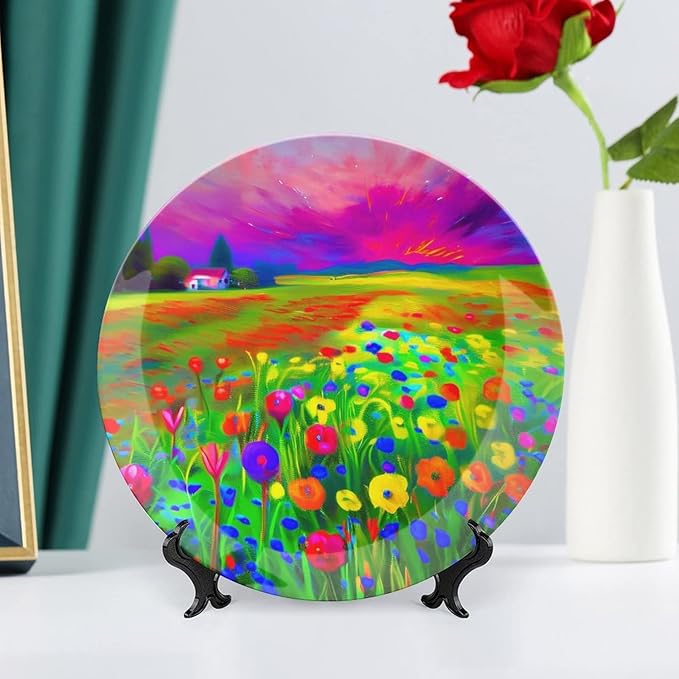 Decorative Plates, A Vibrant Wildflower Field Ceramic Dinner Plate Home Wobble-Plate with Display Stand, Wall Hanging Decor for Living Dining Room Kitchen Household 10 Inch