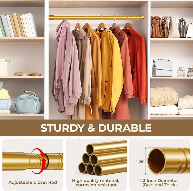 Mavivegue Closet Rod, 17 to 70 Inch Gold Adjustable Closet Rods for Hanging Clothes, Hanging Rod for Closet Wardrobes Laundry RV, Bathroom