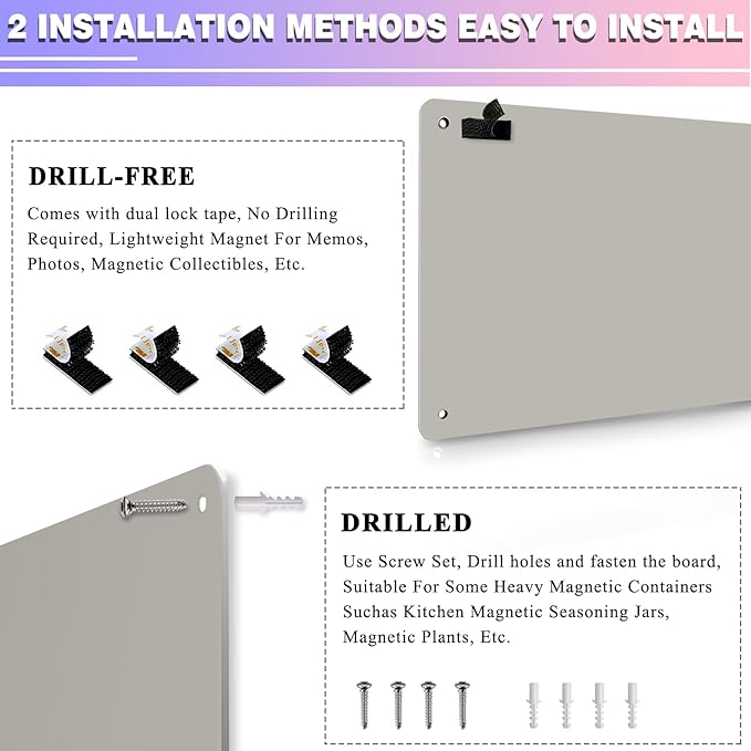 2Pack Magnetic Board,17.5" x 11.4" Magnet Bulletin Board to Display Magnetic Notes, Poetry, Photos, Suitable for Wall, Refrigerator, Cabinet etc, Come with 8 Pcs Dual Lock Tape and Screws (Gray)