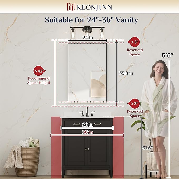 Keonjinn Black Bathroom Mirror 24 x 36 Inch, Rectangular Wall Mirror Brushed Metal Frame, Black Modern Farmhouse Mirrors, Framed Rectangle Bathroom Mirrors for Over Sink(Horizontal/Vertical)