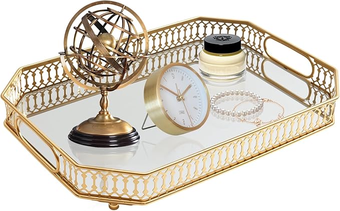 Vintage Gold Mirrored Vanity Mirror Tray Decorative Perfume and Makeup Organizer with Handles for Dresser,Bathroom or Jewelry Display, Decor Home Large Size (Large)