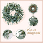 22" Eucalyptus Wreath, Year Round Wreaths for Front Door, Spring Summer Wreath with Green Faux Eucalyptus, All Seasons Evergreen Decor for Inside Farmhouse Festival Celebration Party