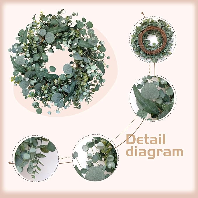22" Eucalyptus Wreath, Year Round Wreaths for Front Door, Spring Summer Wreath with Green Faux Eucalyptus, All Seasons Evergreen Decor for Inside Farmhouse Festival Celebration Party