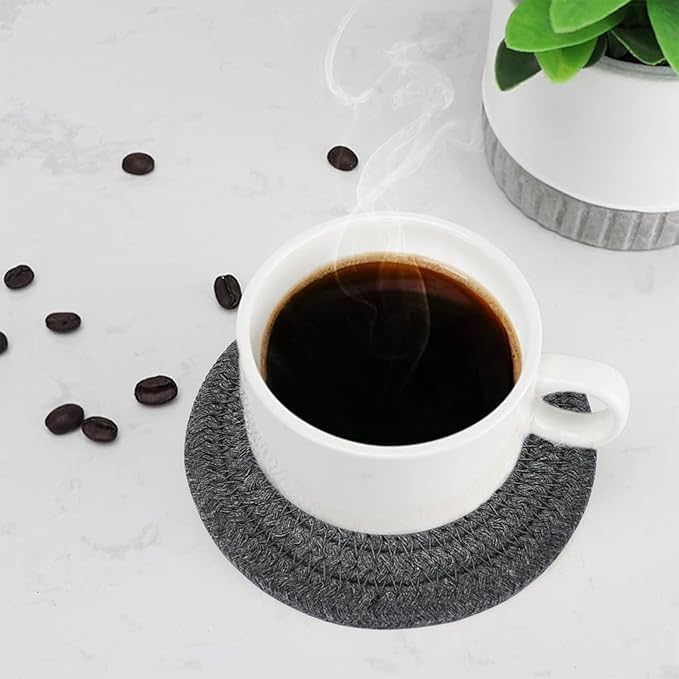 ABenkle 8 Pcs Drink Coasters with Holder, Cotton Woven Absorbent Coasters for Drinks, Minimalist Home Decor Coaster Set for Wooden Tabletop Protection Table, 4.3 inches Grey