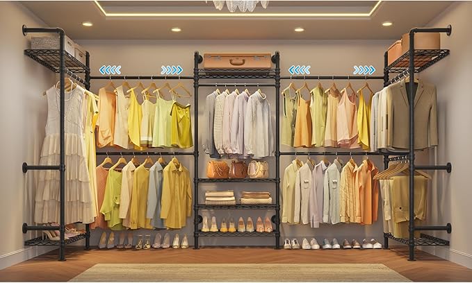 Timate U5 Expandable Wall Mounted Clothes Rack, Walk in Closet, Heavy Duty Industrial Pipe Clothing Rack with 4 Expandable Hanger Rods & 8 Adjustable Shelves, Fits Spaces 8'- 10', Black