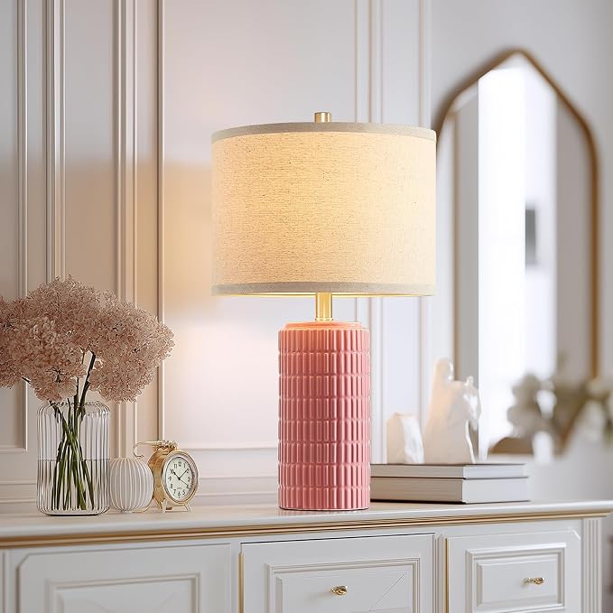AIEAMPDO 23" Set of 2 Pink Modern Farmhouse Ceramic Table Lamps for Bedroom | Modern Farmhouse Nightstand Table Lamps For Living Room, End Table And Entryway, 2 LED Bulbs Included