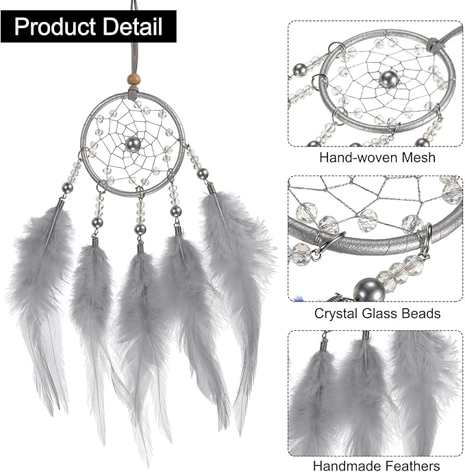 uxcell 2pcs Dream Catchers, Small Handmade Feather Dreamcatcher Supplies Car Charm with Crystal Beads Wall Hanging Decor for Home Car Decoration Ornament Women Friend Gift, Purple Grey