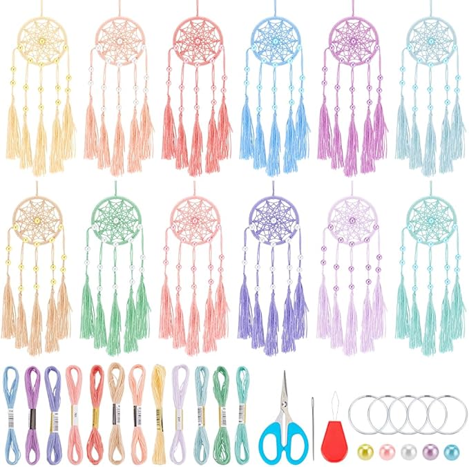 INFUNLY 12 Sets DIY Colorful Mini Dream Catcher Kit with Instruction Small Dream Catcher Kit for Starters Boho Handmade Dreamcatcher Making Set for Adults for Bag Pendant Wall Hanging Home Car Decor