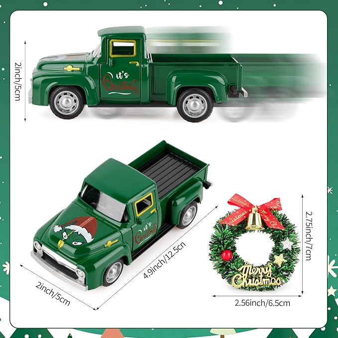 Christmas Vintage Green Truck Decor with Car Wreath Green Truck Vintage Home Tiered Tray Decor for Christmas Tables Home Kitchen Mantel Shelf Bookshelf Coffee Mini Trucks Decorations