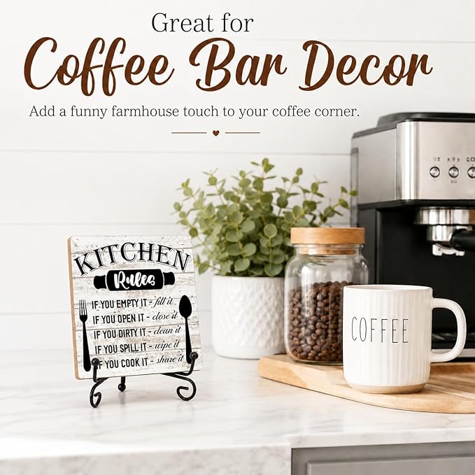 Rustic Wood Plaque with Stand - Kitchen Decor - Kitchen Rules Wood Sign - Idea Wooden Decor for Home Living Room Dining Room Shelf Table Decoration (31)
