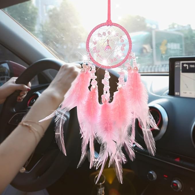 Car Dream Catcher for Rearview Mirror Accessories, Car Mirror Hanging Accessorie, Car Charms Ornament Lucky Ornament Pendant Car Interior Accessorie (Pink)