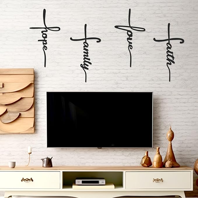 Bnesi Metal Wall Art Sign 4-Piece Set: Love, Faith, Family, Hope - 15 x 8 in Waterproof Religious and Spiritual Hanging Cross Wall Decor for Home Decoration