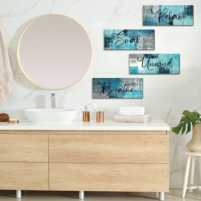 Maitys 4 Pcs Bathroom Wall Decor 10 x 4 Inch Bathroom Wall Art Contemporary Wood Restroom Pictures for Soak Unwind Relax Hanging Sign Spa Rustic Vintage Farmhouse Pediments(Turquoise and Grey)