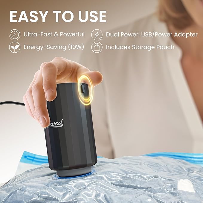 9 Vacuum Bags for Travel with High Pressure (-60KPa, 8.5L/min) Electric Pump - Vacuum Seal Packing Bags for Clothing Travel, Space Saver Suction Storage Bags for Luggage and Carry-On Suitcase