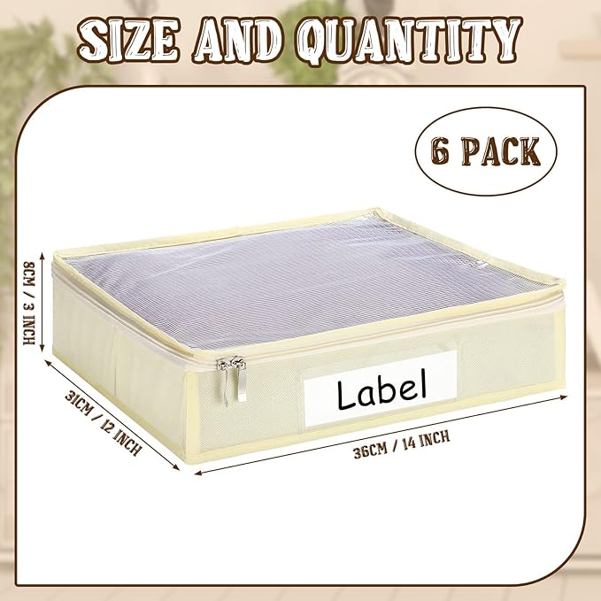Panelee 6 Pcs 14 x 12 x 3 Inch Sweater Storage Bags Easy Gliding Zippered Sweater Package Organizer Closets Under The Bed Zippered Storage Bags with Label Pocket to Avoid Dust Dirt(Beige)