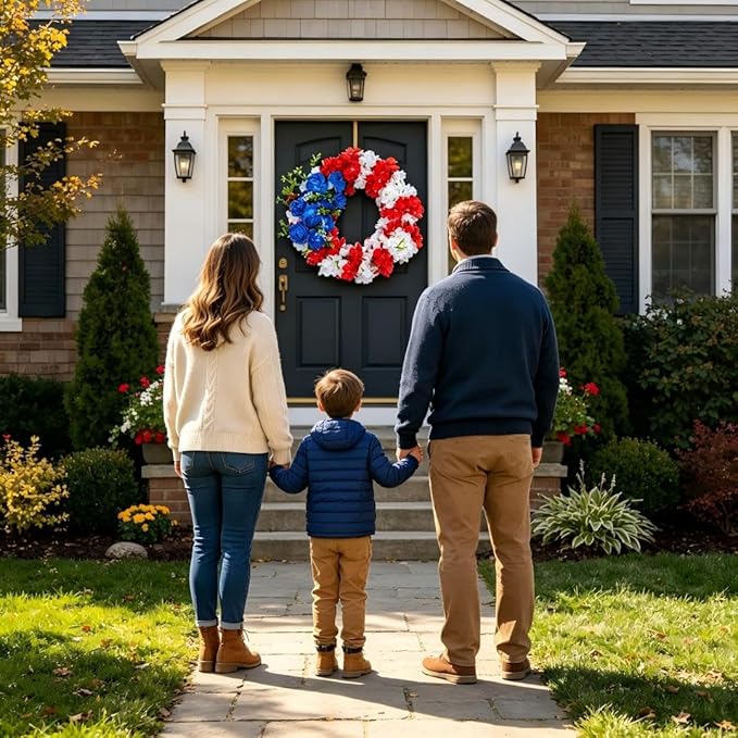 4th of July Decorations Outdoor Patriotic Wreaths for Front Door 250th Anniversary Decorations Red White and Blue American Flag Wreath (American Flag Sunflower A)