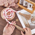 CREATCABIN 42 Inch Wood Bead Garland Decor Rustic Country Farmhouse Boho Home Pink White Wooden Beads Tassel Wall Hanging Ornaments for Coffee Table Wall Shelf Tray Vase Living Room Bedroom