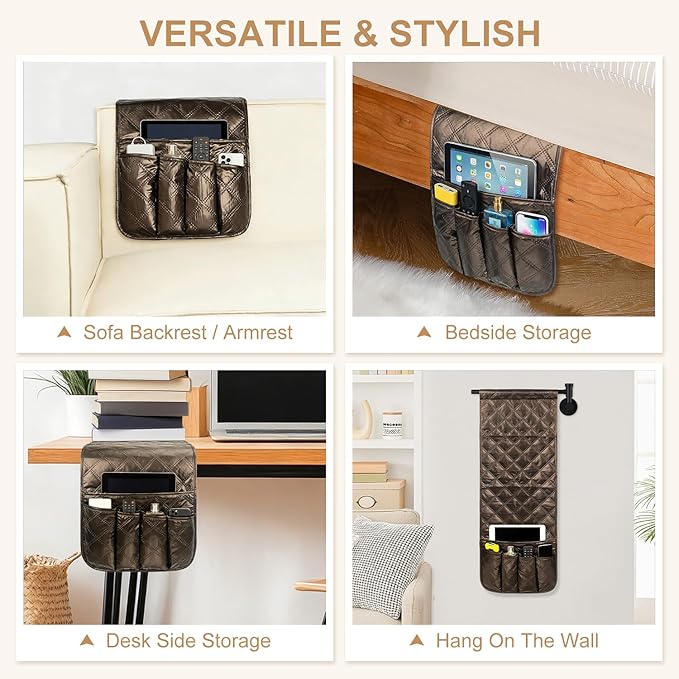 Remote Control Holder for Armchair, Couch Recliner Chair Caddy, Non-Slip Arm Chair Caddy for Recliner with 5 Pockets for Table, Ipad, Magazines, Arm Chair Bedside Caddy Storage Organizer (Brown)